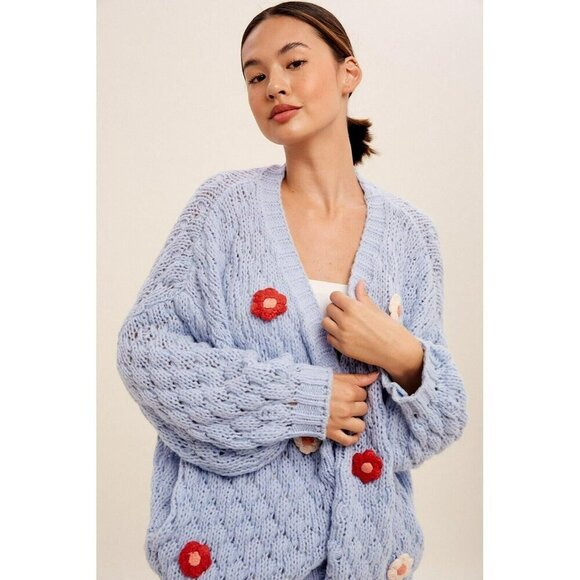 Daydream Light Blue Crochet Floral Flower Sweater Cardigan